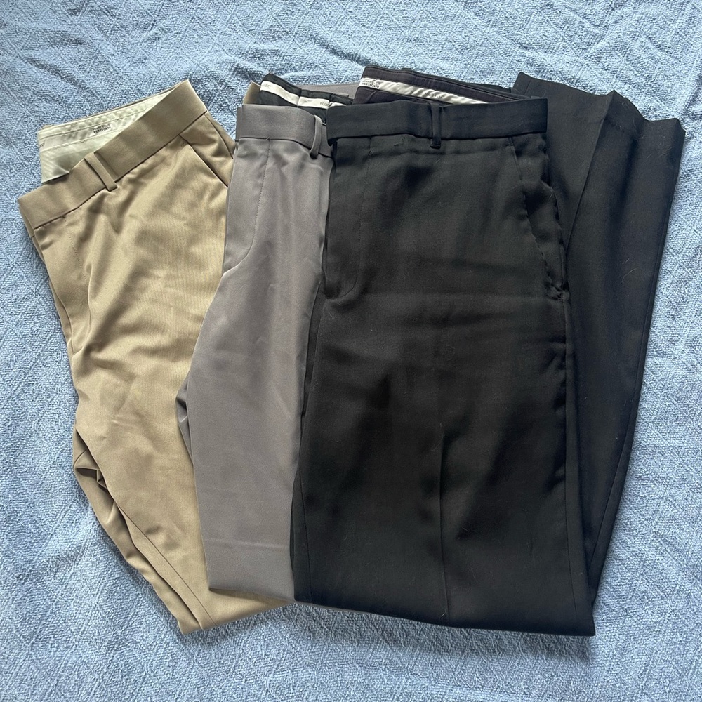 3 pairs of Perry Ellis Portfolio Pants black, grey, and khaki/tan, 34x34